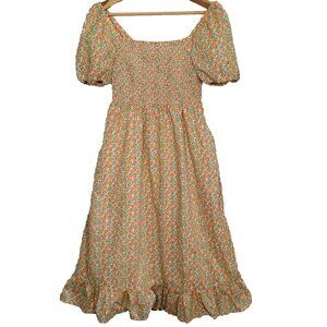J Crew Dress Small Peaches Print Peach Fruit Smocked Puff Sleeve Cottagecore
